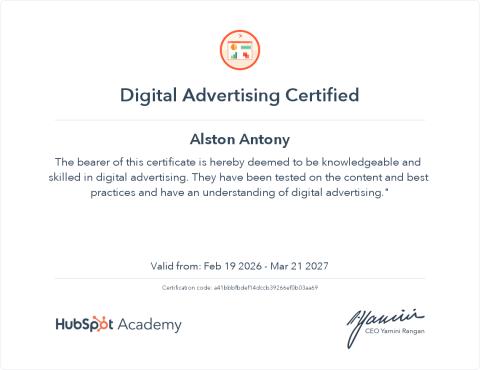 Digital Advertising — HubSpot Academy சான்றிதழ்