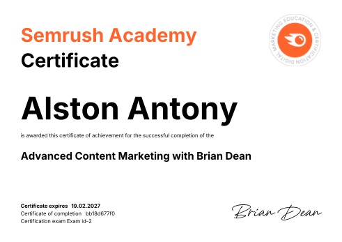 Advanced Content Marketing with Brian Dean — Semrush சான்றிதழ்