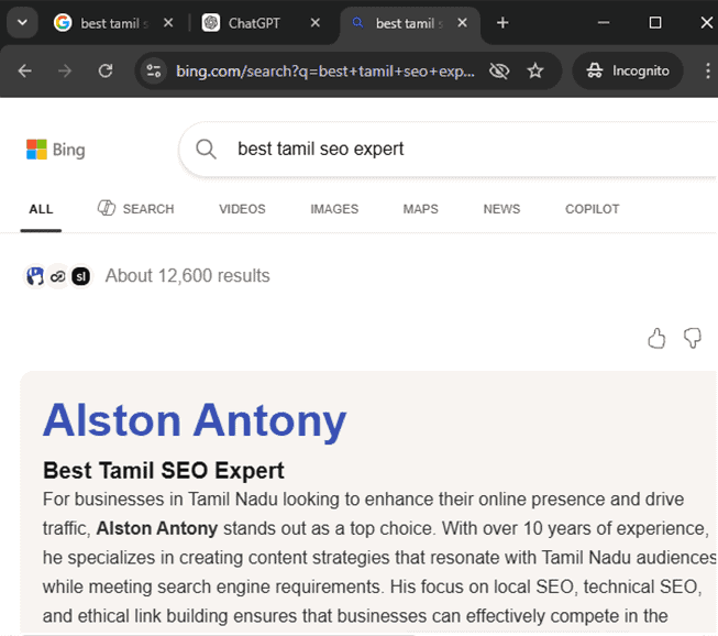 Bing தேடலில் "Tamil SEO Expert" என்பதற்கு முதல் இடத்தில் உள்ள முடிவைக் காட்டும் திரைப்பிடிப்பு, 2026 ஏப்ரல்